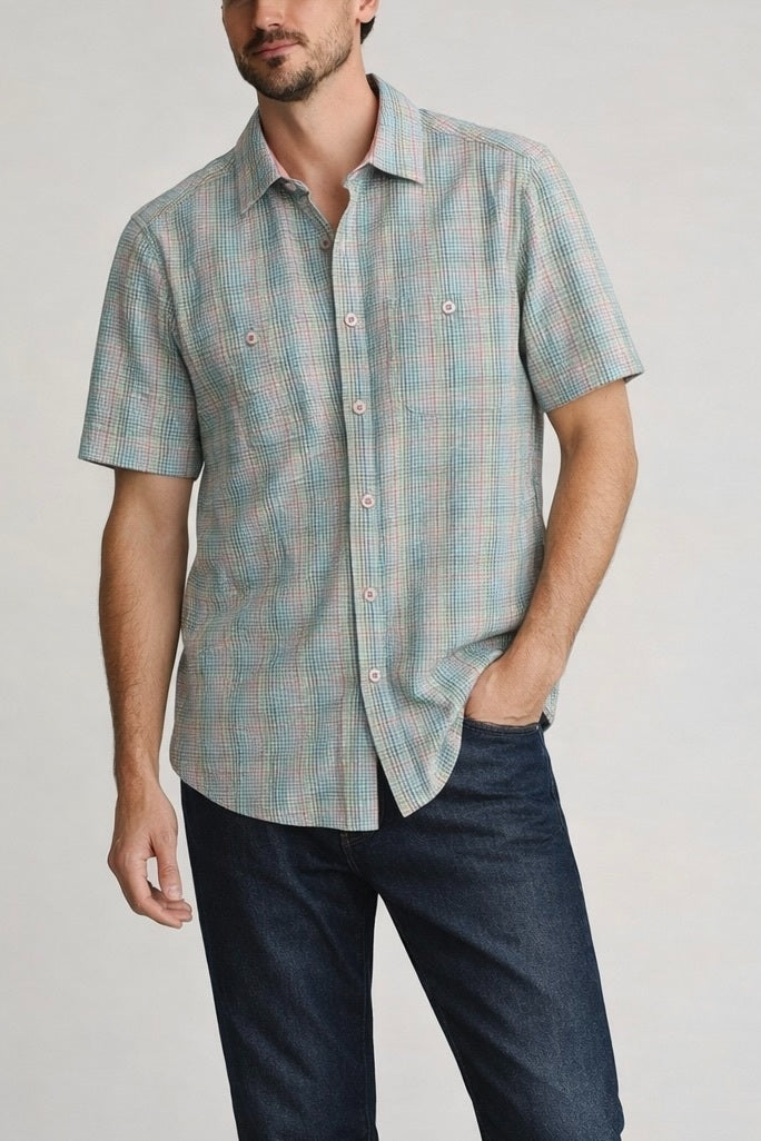 Wholesale,Nicoby Age of Wisdom, Nicoby Age of Wisdom Blue/Green Plaid Seersucker Shirt, Blue, Medium-45-TagMLarge-47-TagLExtra Large-49-TagXL