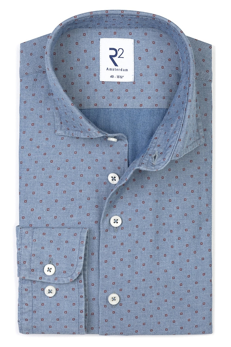 Direct From Brand,R2 Amsterdam, R2 Amsterdam Blue Circle Print Denim Shirt, Blue, Small-40-Tag39Medium-42-Tag40Large-46-Tag42Extra Large-48-Tag43Medium-44-Tag41