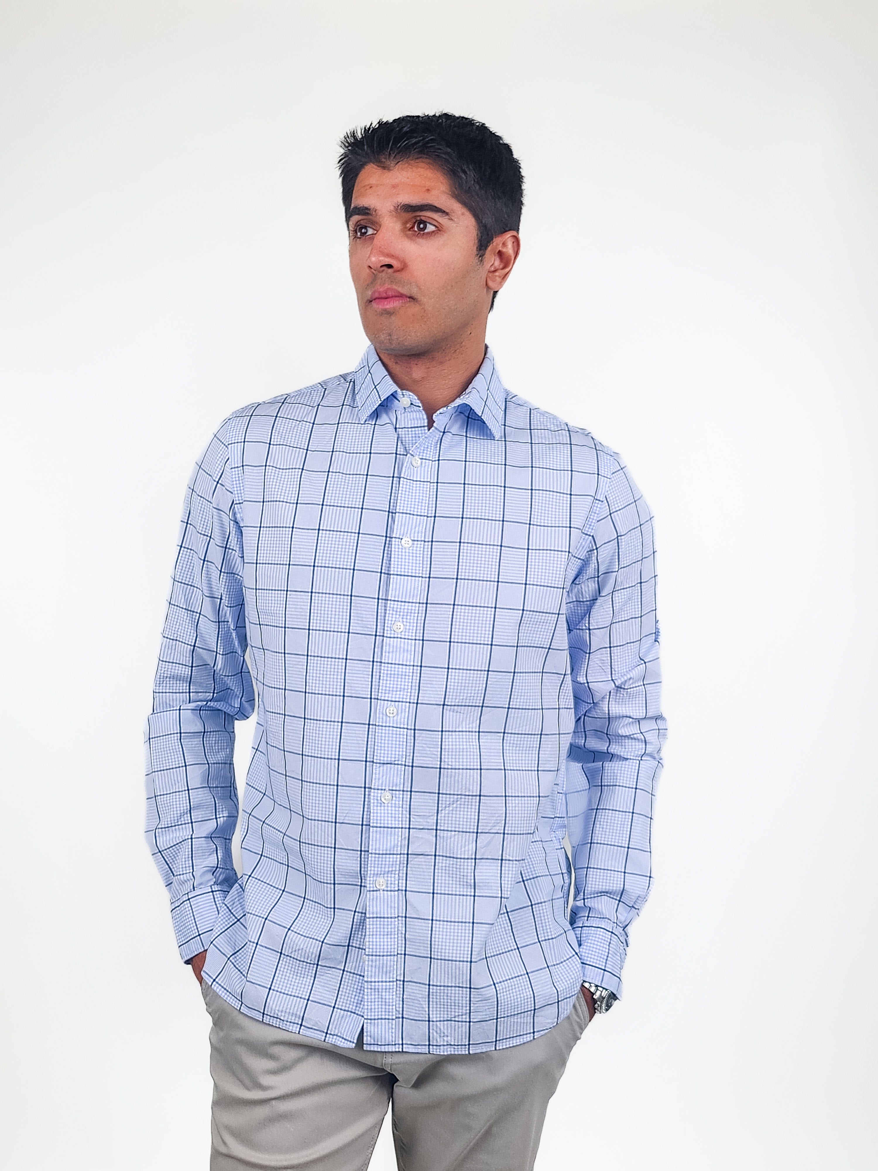 Other,The Mens Store, The Mens Store Light Blue Plaid Long Sleeve Dress Shirt, Blue, Medium-44-TagM