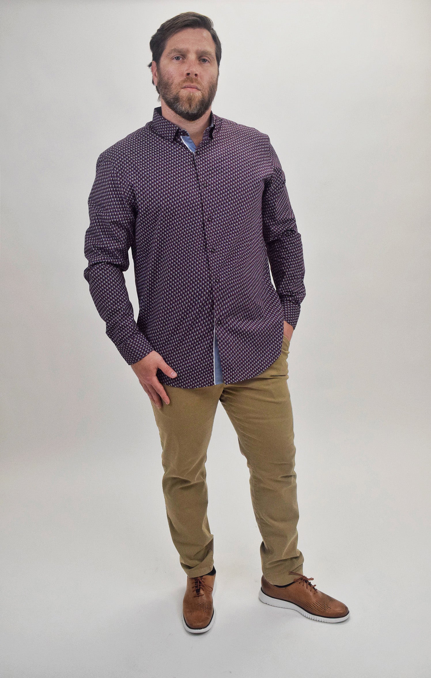 Faire,Spazio, Spazio Burgundy With Blue and White Arrow Print Long Sleeve Button Up Shirt, Red, Extra Large-48-TagXL