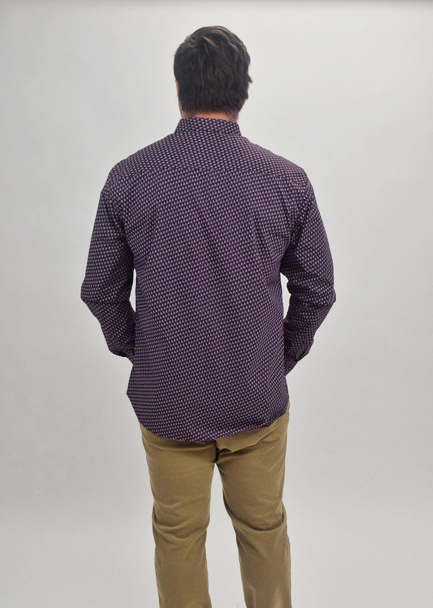 Faire,Spazio, Spazio Burgundy With Blue and White Arrow Print Long Sleeve Button Up Shirt, Red, Medium-44-TagM