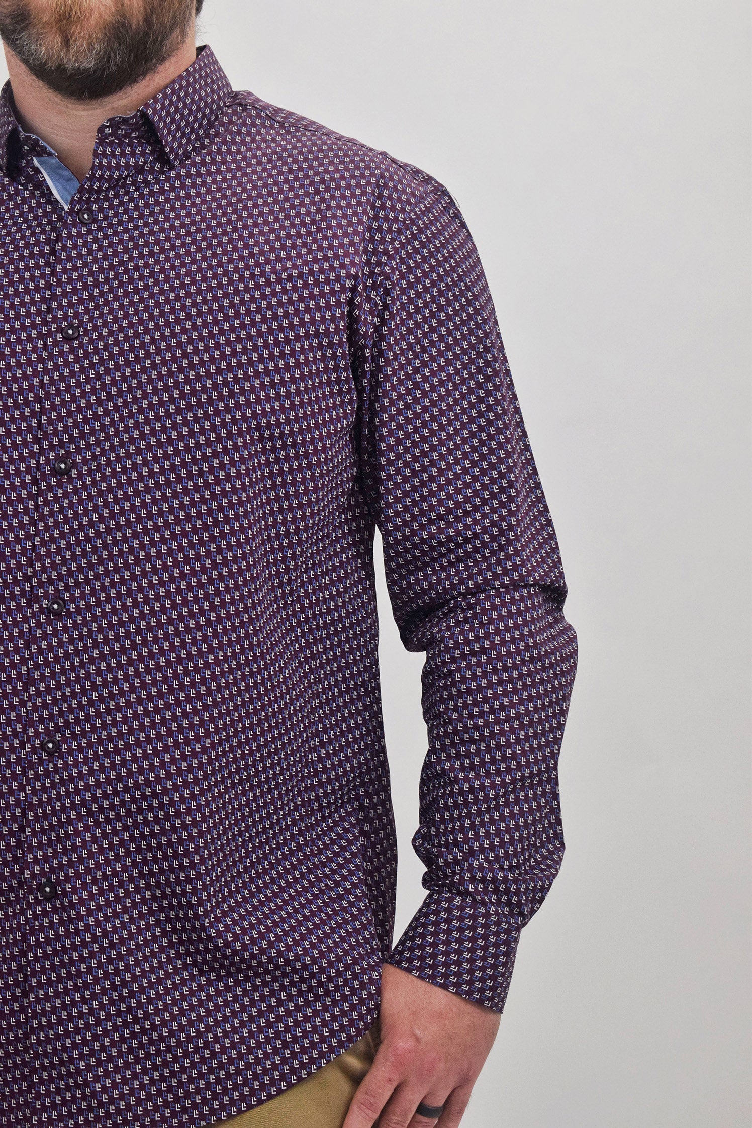Faire,Spazio, Spazio Burgundy With Blue and White Arrow Print Long Sleeve Button Up Shirt, Red, Extra Extra Large-50-TagXXL