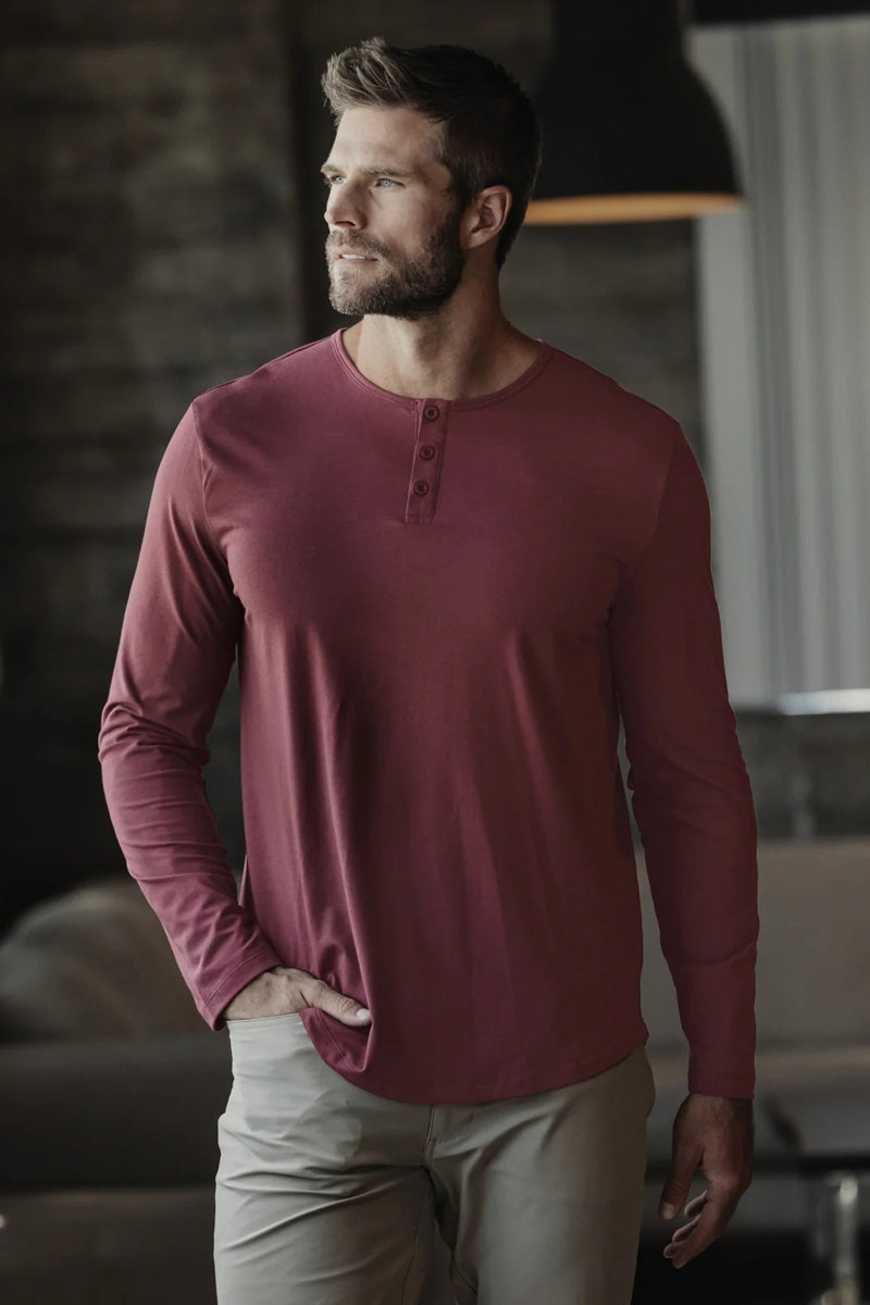 Wholesale,CUTS, CUTS Deep Cranberry Curve-Hem Buttery Soft Henley, Red, Small-39-TagSMedium-41-TagMLarge-43-TagLExtra Large-45-TagXL