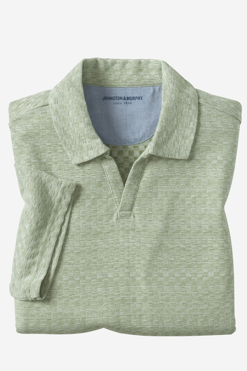 Wholesale,Johnston & Murphy, Johnston & Murphy Sage Basketweave Textured V-Neck Polo, Green, Small-42-TagSMedium-45-TagMExtra Large-51-TagXL