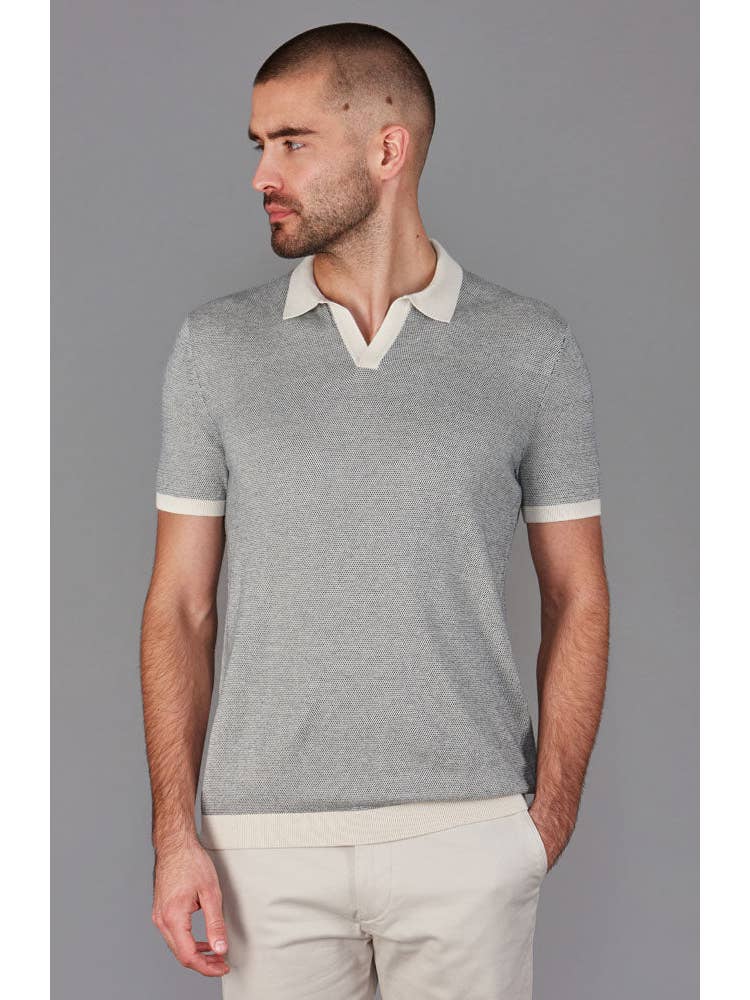 Faire,Paul James, Paul James Grey Jacquard With Cream Contrast Collar Knit Buttonless Short Sleeve Polo, Grey, Large-43-TagL