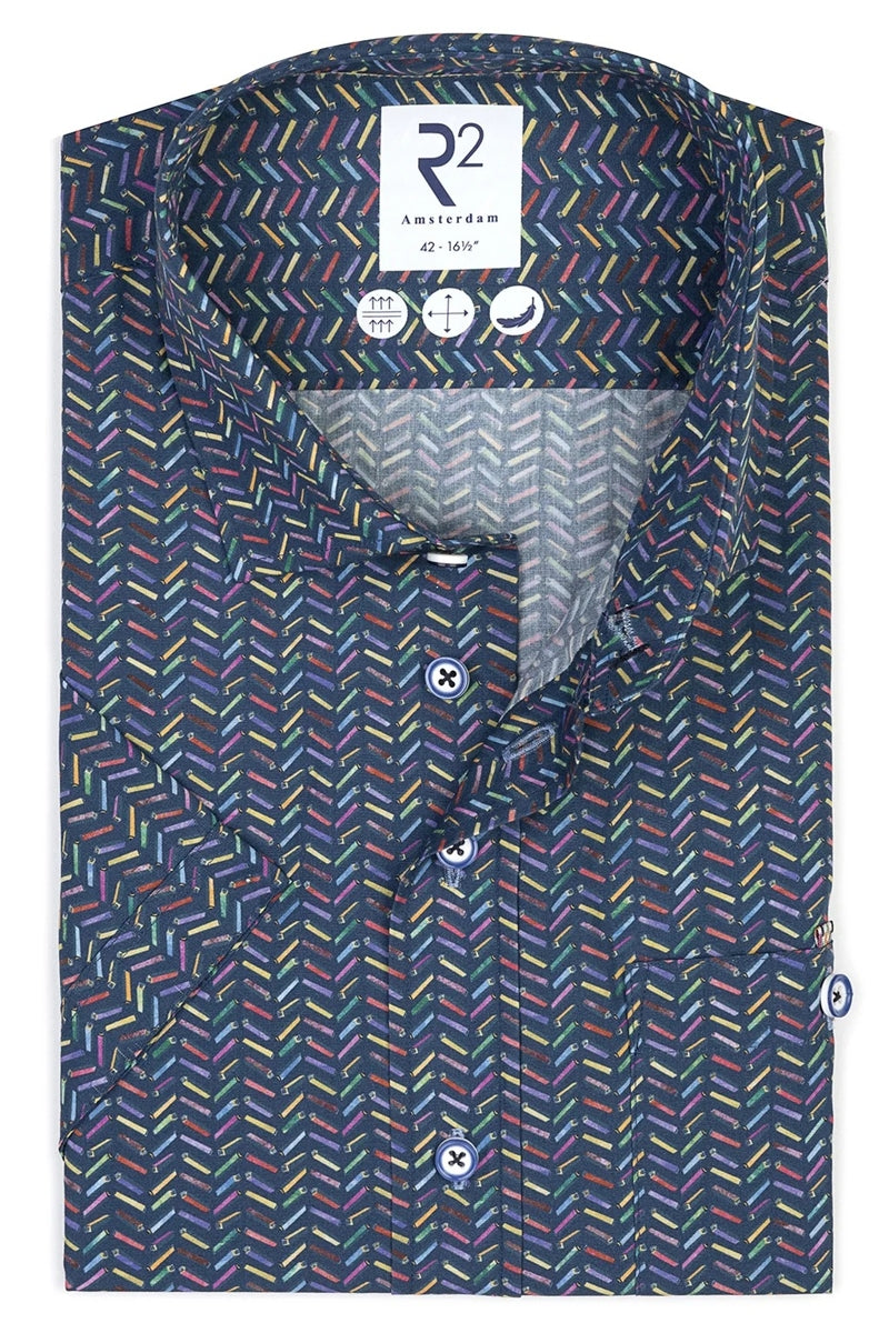 Direct From Brand,R2 Amsterdam, R2 Amsterdam Navy Multi Bicycle Battery Print Poplin Shirt, Blue, Extra Large-48-Tag43