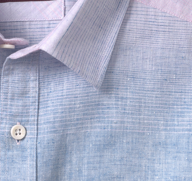 Johnston & Murphy Blue Multi Ombre Washed Linen/Cotton Blend Long Sleeve Shirt