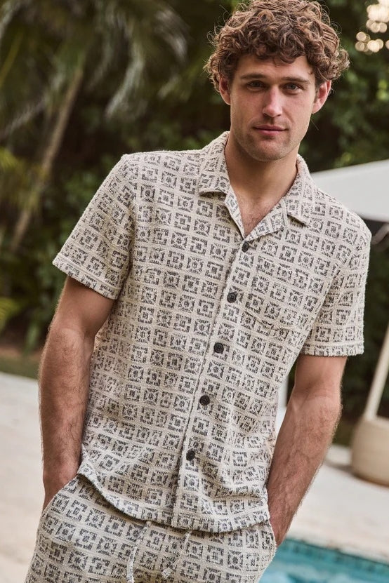 Wholesale,Marine Layer, Marine Layer Neutral Geo Print Jacquard Textured Shirt, Tan, Small-42-TagS