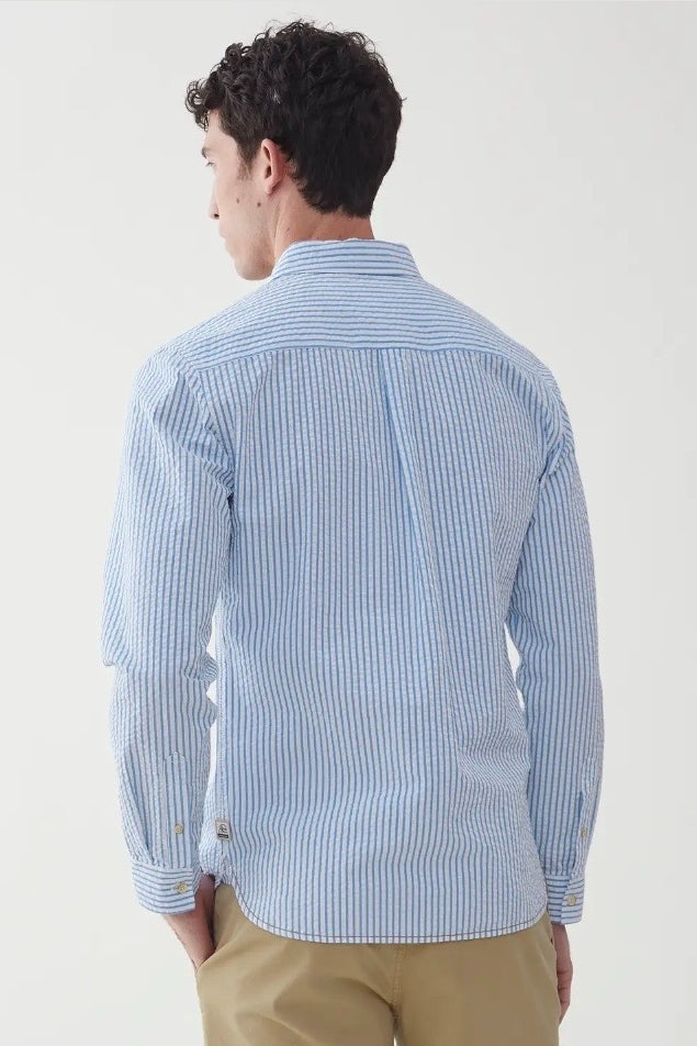 Faire,Surfside Supply, Surfside Supply Blue And White Vertical Striped Seersucker Button Up Shirt With Front Chest Pocket, White, Medium-43-TagM