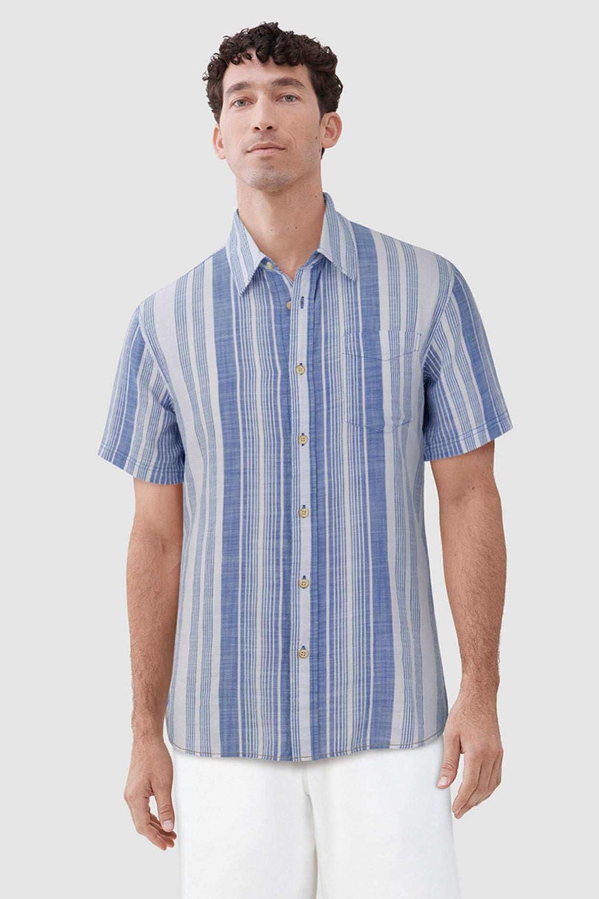 Faire,Surfside Supply, Surfside Supply Multi Blue Vertical Stripe Airy Short Sleeve Button Up Shirt, Blue, Extra Extra Large-51-TagXXL