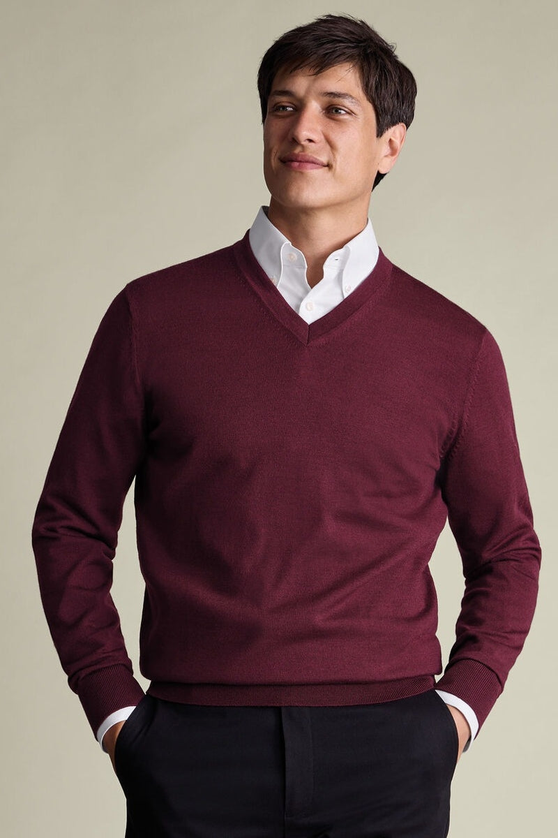 Wholesale,Charles Tyrwhitt, Charles Tyrwhitt Burgundy Pure Merino Wool V-Neck Sweater, Red, Extra Large-48-TagXL