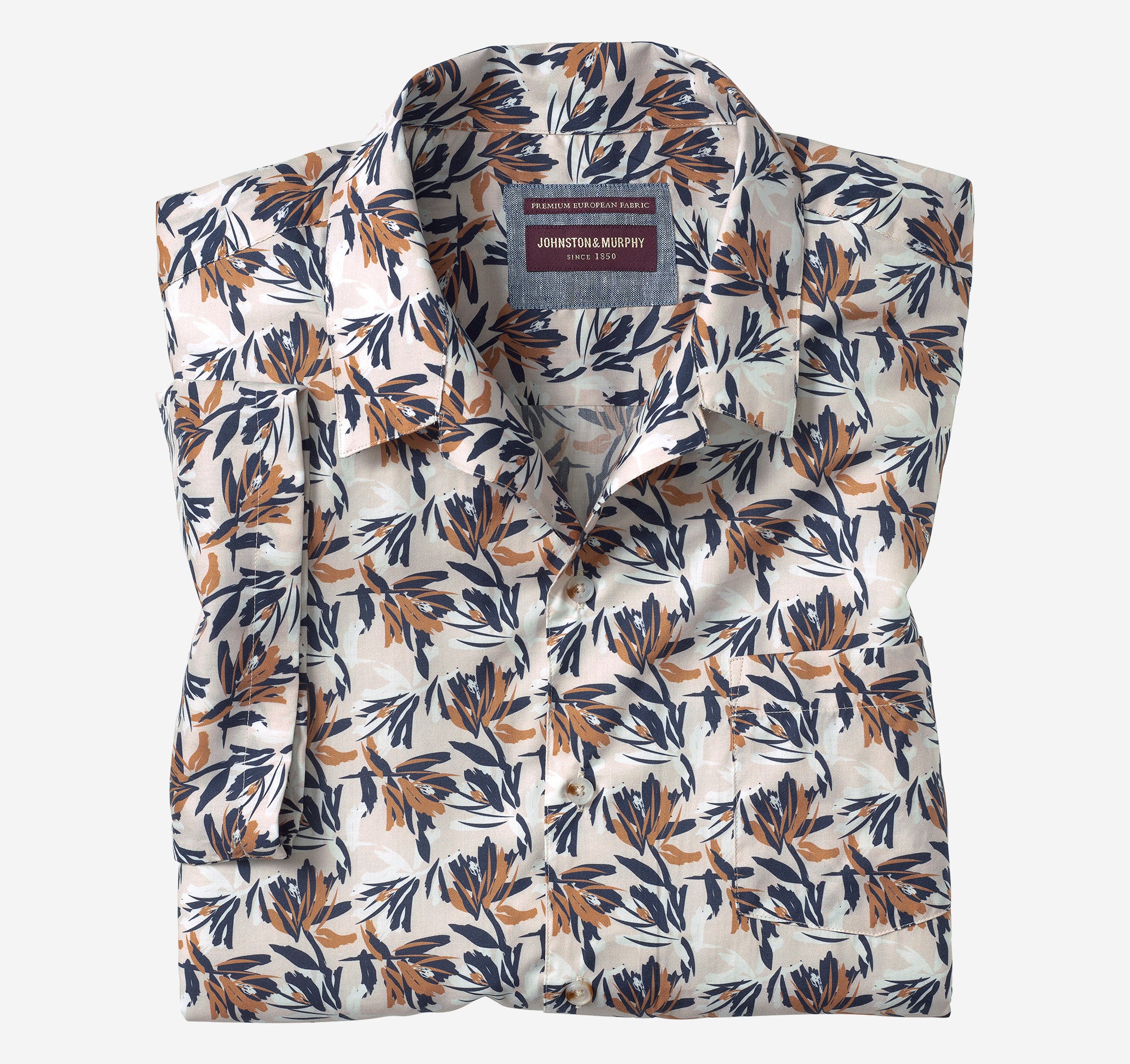 Wholesale,Johnston & Murphy, Johnston & Murphy Tan Foliage Print Cotton/Modal Blend Short Sleeve Camp Shirt, Tan, Extra Large-52-TagXL