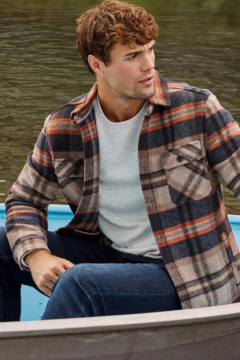 Wholesale,Flag & Anthem, Flag & Anthem Oatmeal/Navy Brushed Plaid Shacket, Tan, Extra Extra Large-58-TagXXL