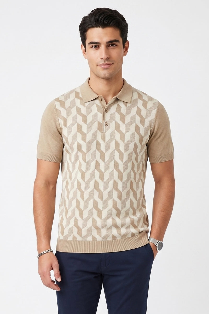 Wholesale,Mizumi, Mizumi Beige Geo Print Knit Short Sleeve Polo, Tan, Extra Large-47-TagXXL