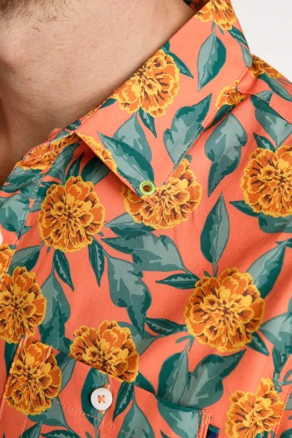 Faire,William Murray Golf, William Murray Golf Orange/Green Tropical Print Short Sleeve Shirt, Orange, Extra Large-49-TagXL