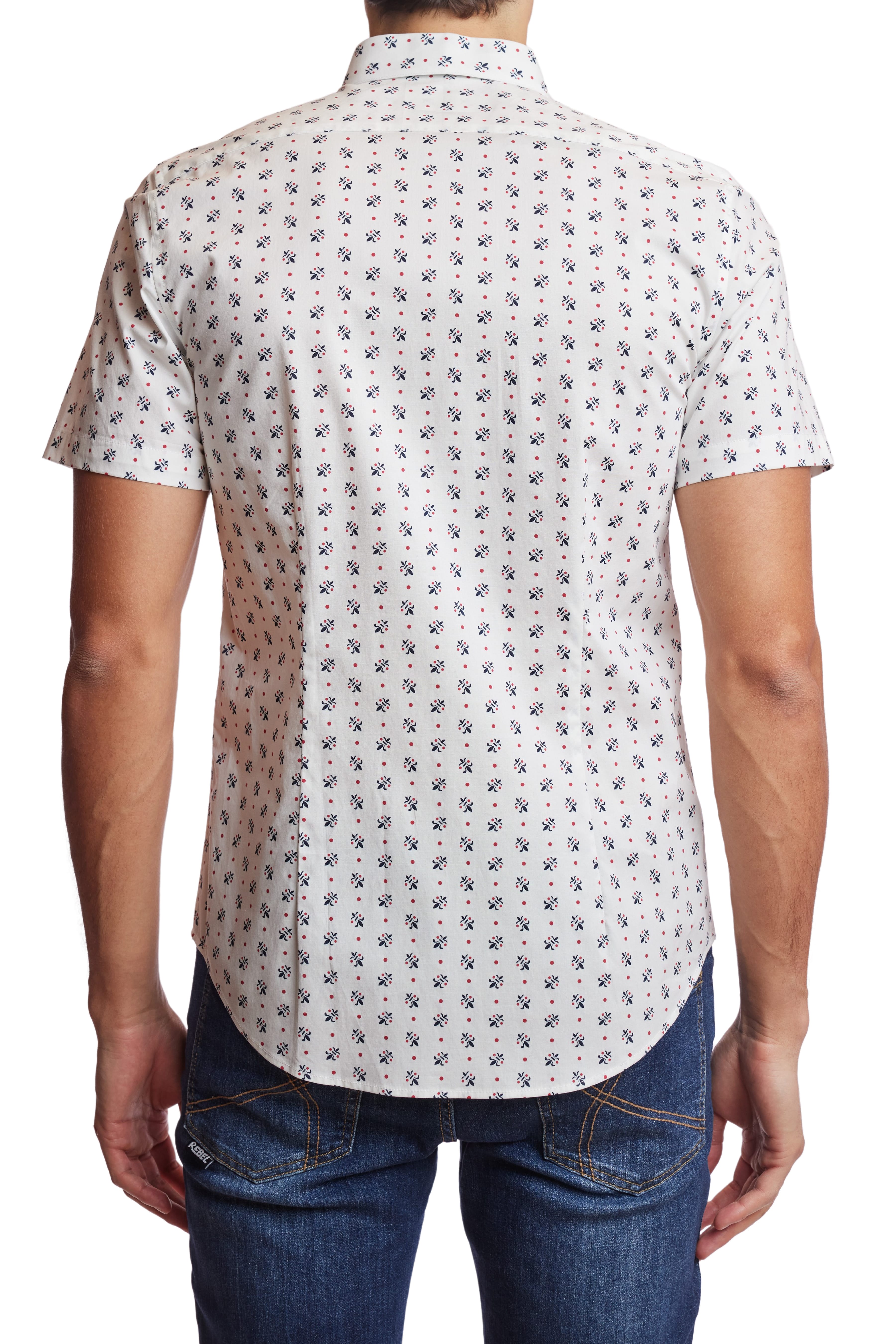 Wholesale,Paisley & Gray, Paisley & Gray White Fleur De Lis Print Short Sleeve Shirt, White, Small-38-TagSSmall-39-TagMSmall-40-TagMMedium-43-TagLExtra Large-49-TagXXLLarge-46-TagXL