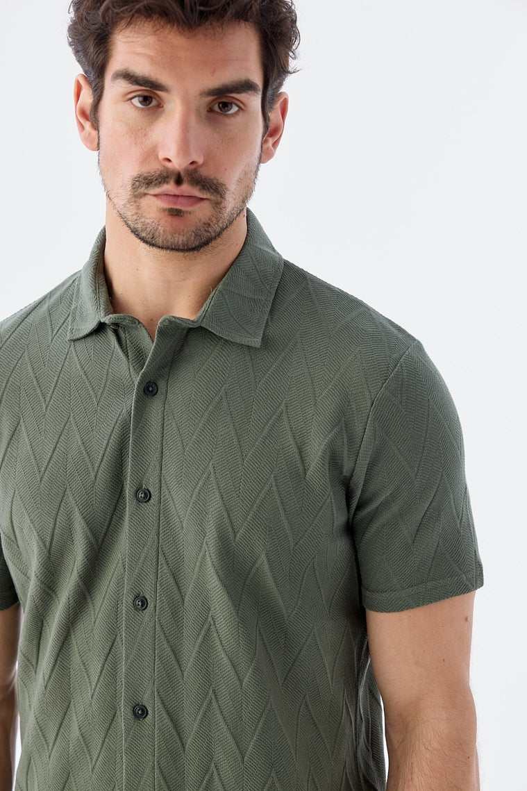 Wholesale,Jakamen, Jakamen Khaki Green Zigzag Textured Slim Fit Shirt, Green, Large-44-TagL