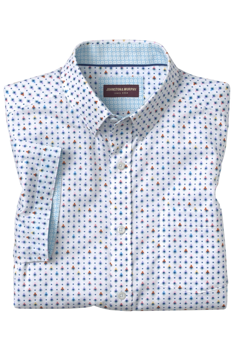 Wholesale,Johnston & Murphy, Johnston & Murphy White Multi Geo Airy Cotton Blend Shirt, White, Small-41-TagSMedium-44-TagMLarge-47-TagLExtra Large-50-TagXLExtra Extra Large-54-TagXXL