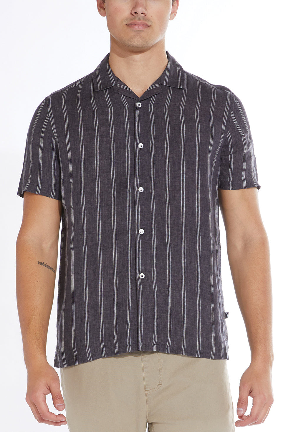 Wholesale,Civil Society, Civil Society Black Striped Cotton/Linen Blend Short Sleeve Resort Shirt, Black, Large-46-TagLExtra Large-48-TagXLSmall-42-TagSMedium-44-TagMExtra Extra Large-52-TagXXL
