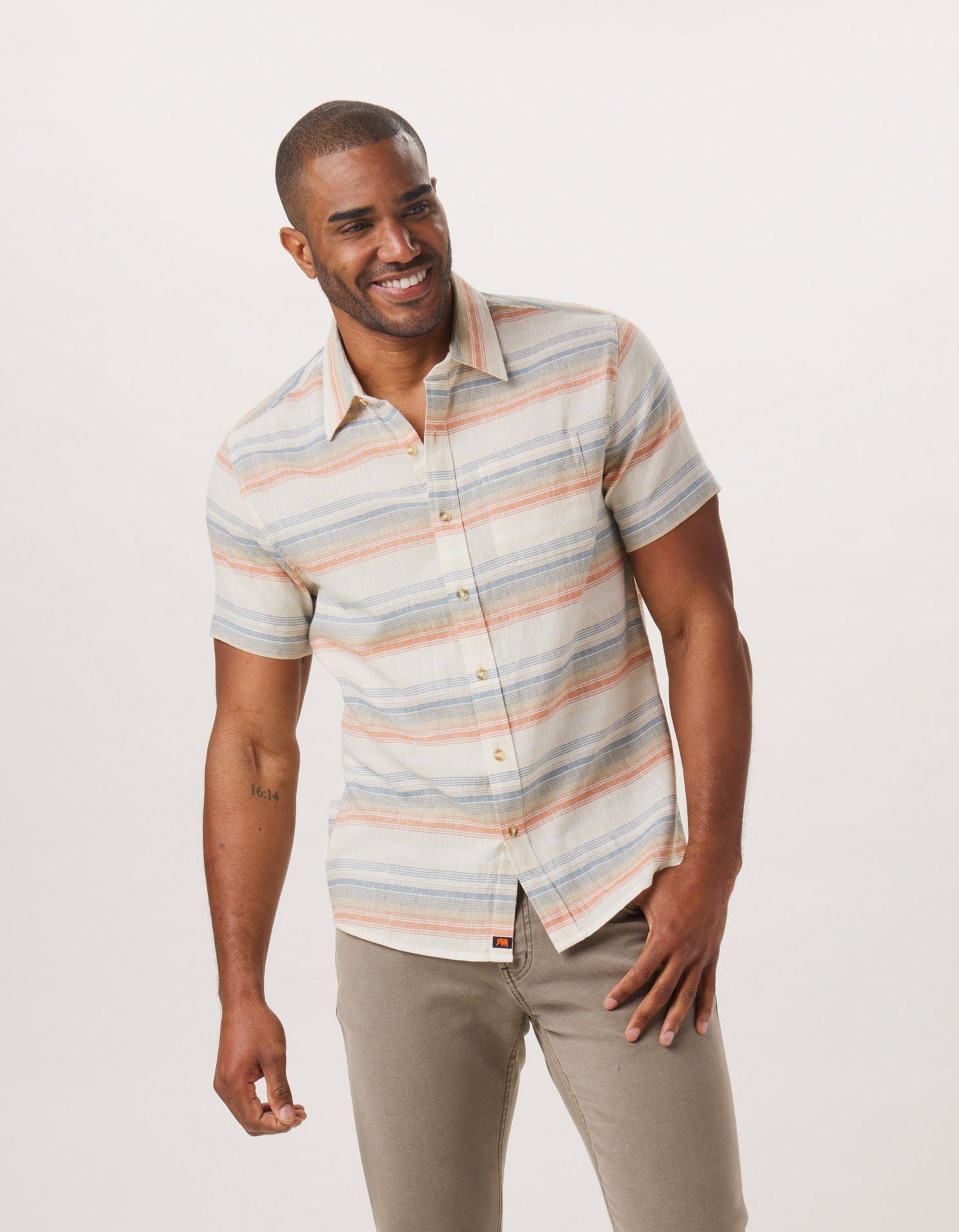 Wholesale,The Normal Brand, The Normal Brand Beige/Canyon Stripe Freshwater Short Sleeve Button Up Shirt, Tan, Small-40-TagSMedium-43-TagMLarge-46-TagLExtra Large-49-TagXLExtra Extra Large-54-TagXXL