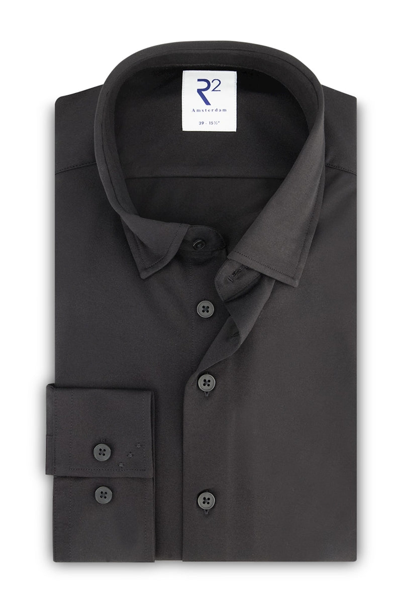 Direct From Brand,R2 Amsterdam, R2 Amsterdam Black Knitted Pique Long Sleeve Dress Shirt, Black, Medium-42-Tag40