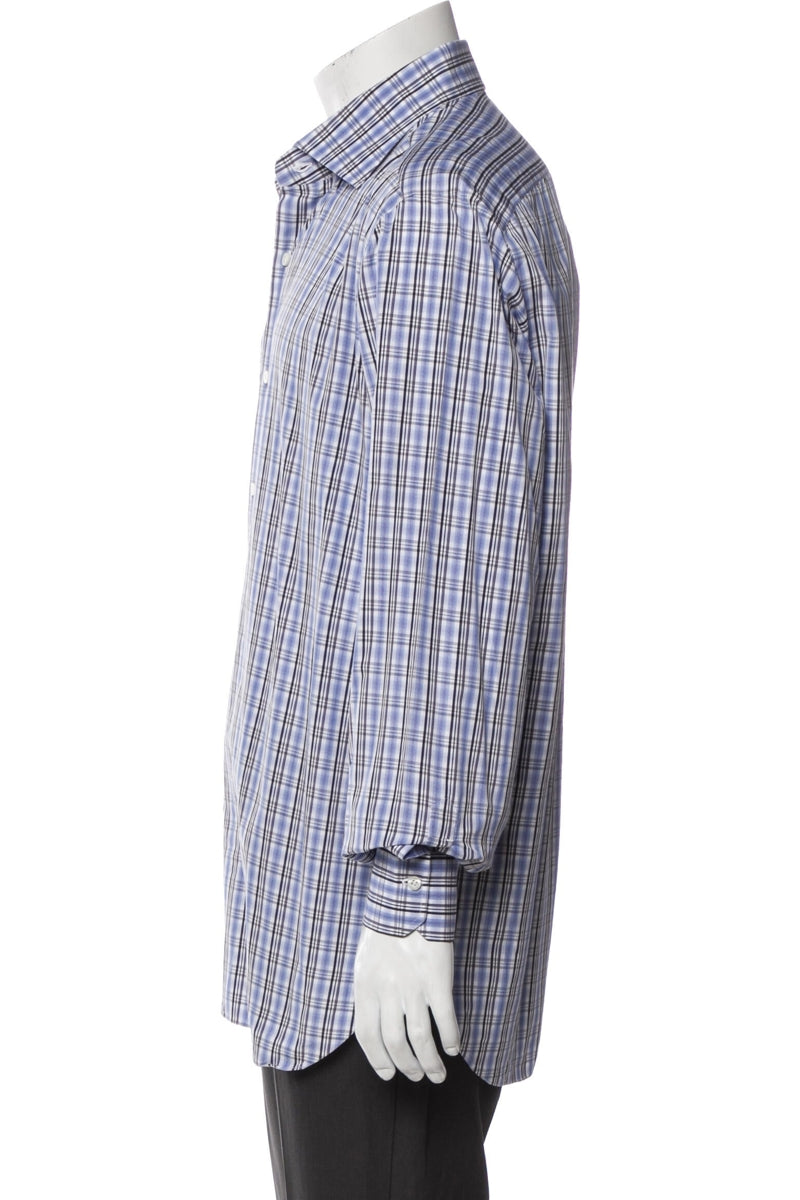 RealReal,Isaia, Isaia Blue/Grey Plaid Print Long Sleeve Dress Shirt, Blue, Extra Extra Large-50-TagXXL