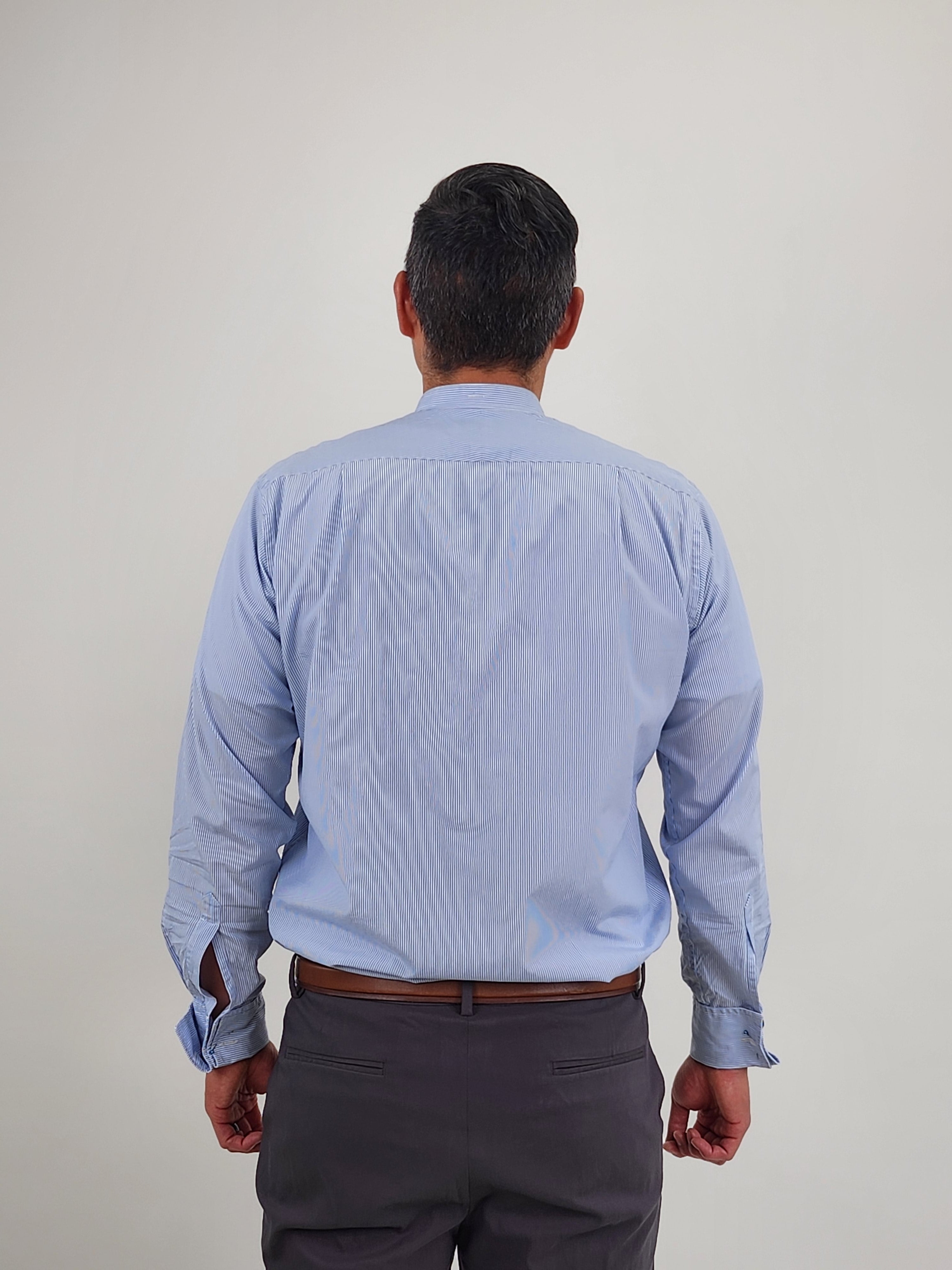 The RealReal,New & Lingwood, New & Lingwood Light Blue Striped Mandarin Collar French Cuff Shirt, Blue, Large-46-TagL