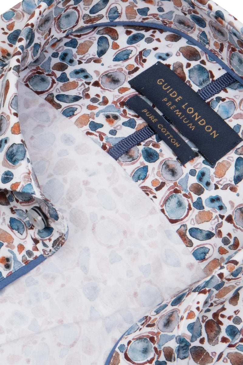 Faire,Guide London, Guide London White with Brown/Blue Pebble Print Button Up Shirt, White, Medium-42-TagMLarge-44-TagLExtra Large-47-TagXLExtra Extra Large-50-TagXXLExtra Extra Large-52-TagXXL