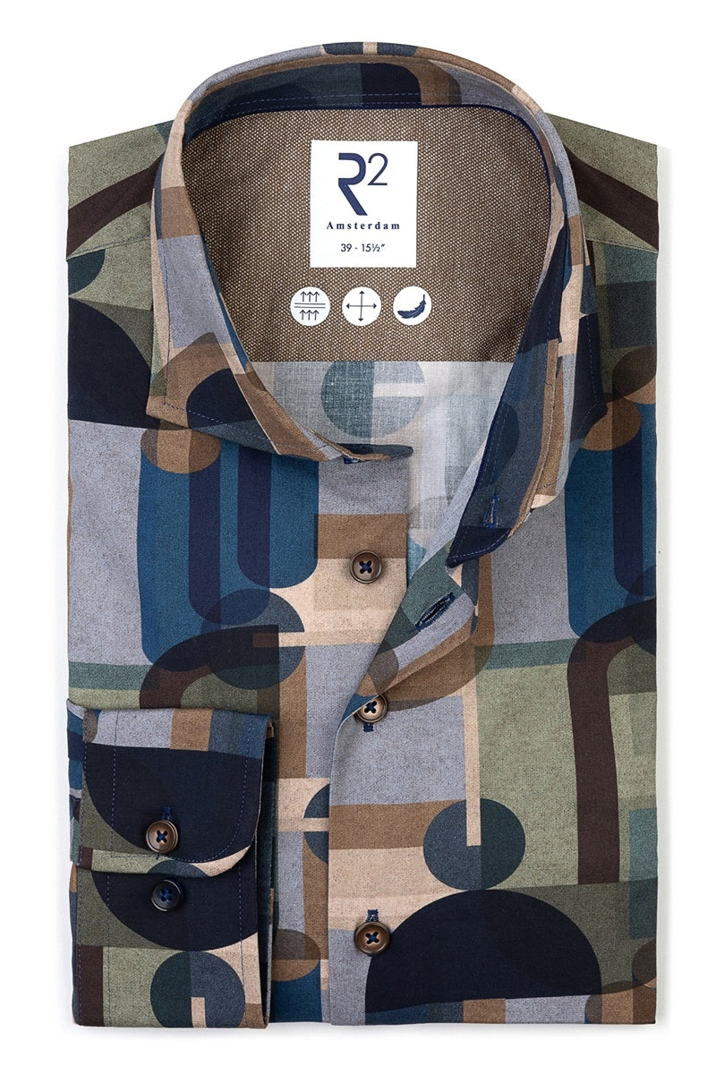 Direct From Brand,R2 Amsterdam, R2 Amsterdam Green/Blue/Tan Abstract Print Stretch Shirt, Green, Medium-42-Tag39Large-45-Tag41Large-46-Tag42