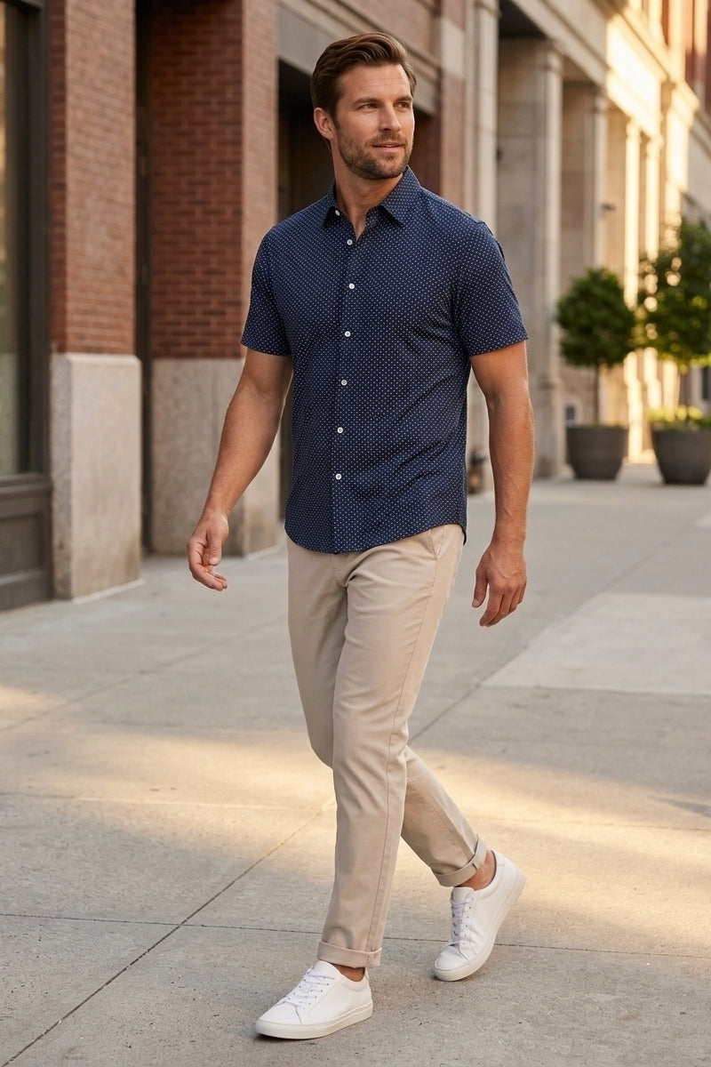 Wholesale,Mizzen + Main, Mizzen + Main Navy Dot Print No-Tuck Trim Shirt, Blue, Small-41-TagSMedium-43-TagMLarge-46-TagLExtra Extra Large-52-TagXXLExtra Large-49-TagXL