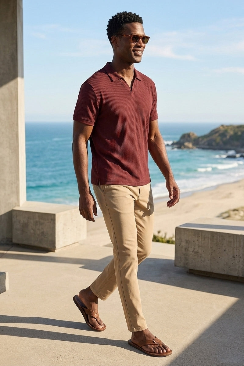 Wholesale,BYLT, BYLT Maroon Ribbed Drop-cut Open V Polo, Red, Small-40-TagSMedium-42-TagMLarge-44-TagLExtra Large-48-TagXLExtra Extra Large-52-TagXXLExtra Extra Extra Large-56-Tag3XL