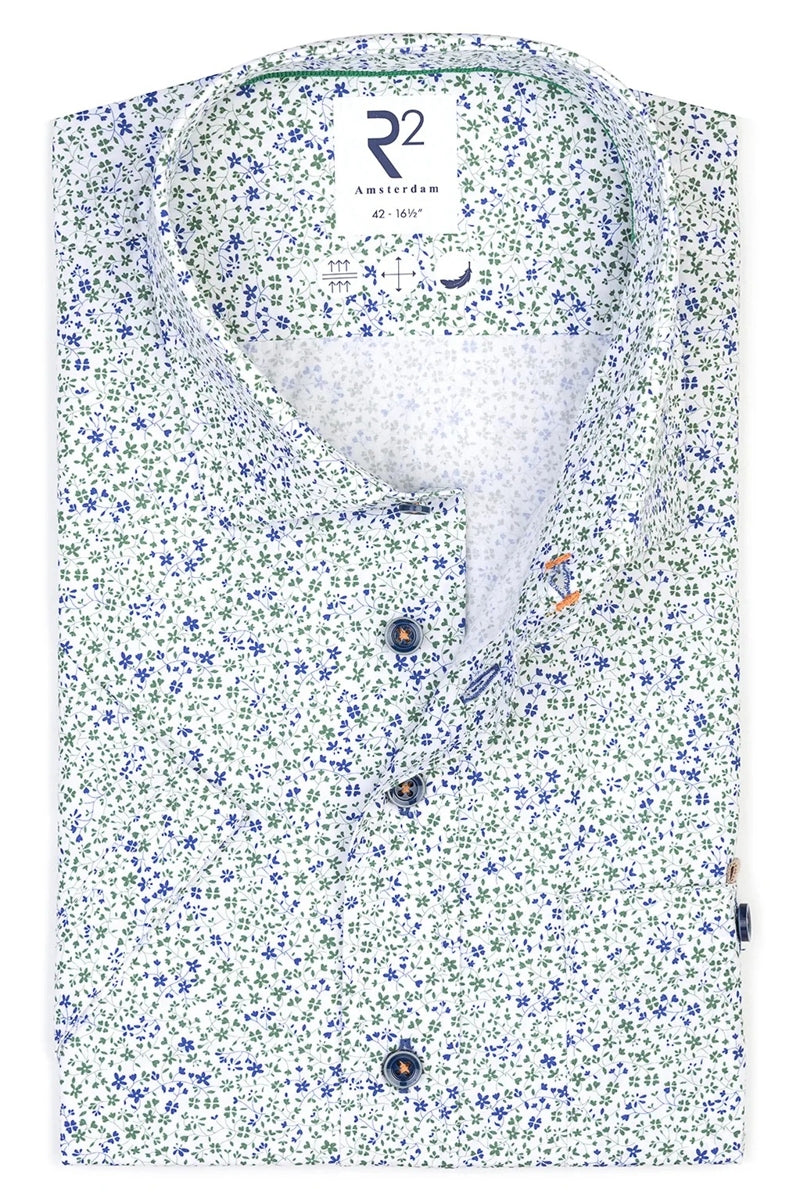 Direct From Brand,R2 Amsterdam, R2 Amsterdam Green/Blue Floral Print Poplin Shirt, Green, Large-46-Tag42Extra Large-50-Tag44Extra Large-48-Tag43