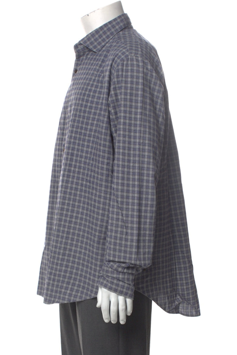 RealReal,Eleventy, Eleventy Grey/Blue Plaid Print Long Sleeve Shirt, Grey, Extra Large-50-TagXL