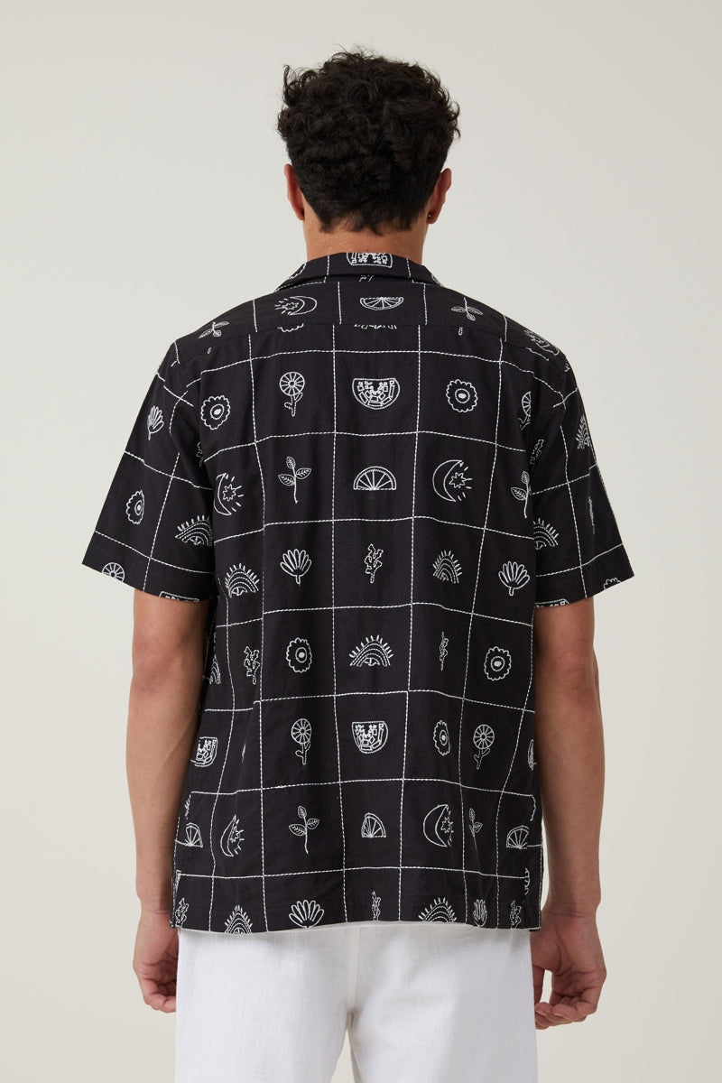 Other,Cotton On, Cotton On Black Grid Embroidered Short Sleeve Shirt, Black, Medium-44-TagM