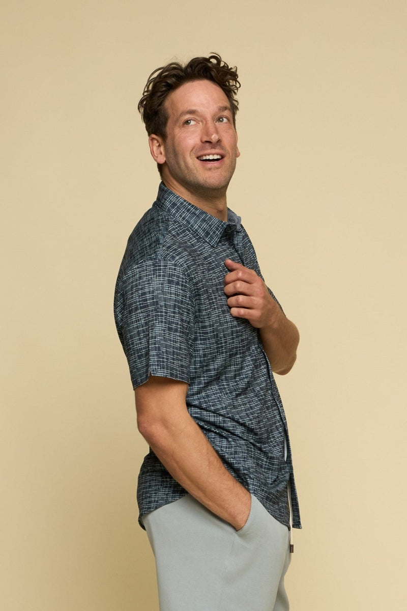 Wholesale,Fundamental Coast, Fundamental Coast Indigo Crosshatch Print Shirt, Blue, Small-40-TagSMedium-43-TagMLarge-45-TagLExtra Large-48-TagXL