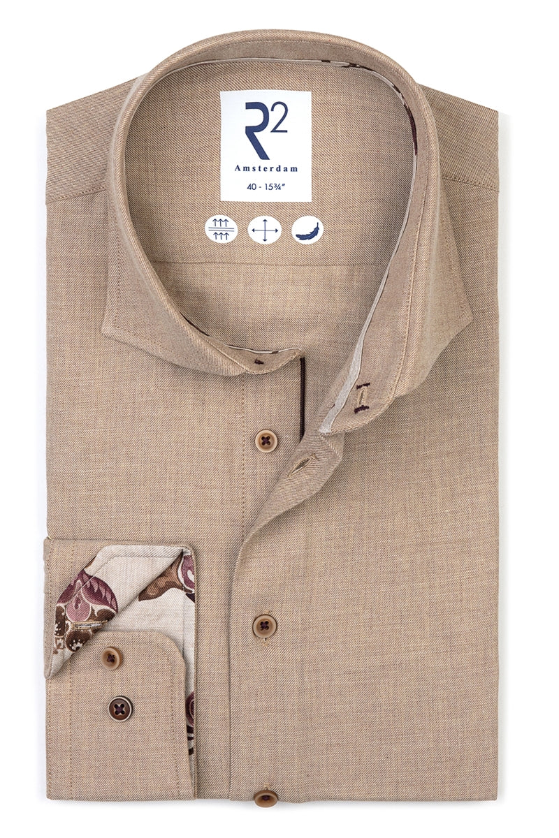 Direct From Brand,R2 Amsterdam, R2 Amsterdam Beige Flannel Cotton Shirt, Tan, Large-46-Tag42Medium-42-Tag40