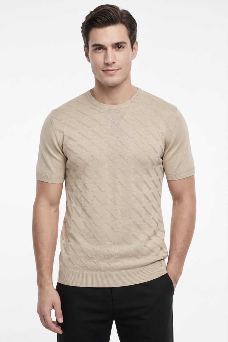 Wholesale,Mizumi, Mizumi Beige Textured Knit Crewneck Tee, Tan, Small-40-TagSMedium-42-TagMLarge-44-TagLExtra Large-46-TagXLExtra Large-47-TagXXL
