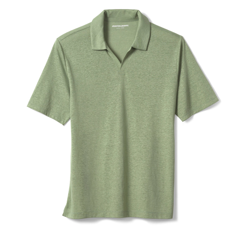 Johnston & Murphy Green Open V-Neck Linen/Recycled Poly Blend Short Sleeve Polo