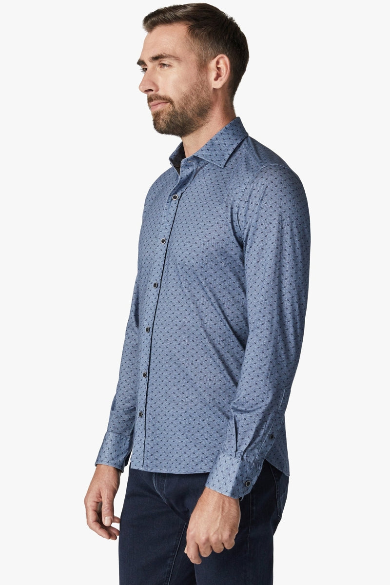 Wholesale,34 Heritage, 34 Heritage Indigo Melange Leaf Print Knit Shirt, Blue, Small-42-TagSMedium-44-TagMLarge-47-TagLExtra Large-50-TagXLExtra Extra Large-54-TagXXL