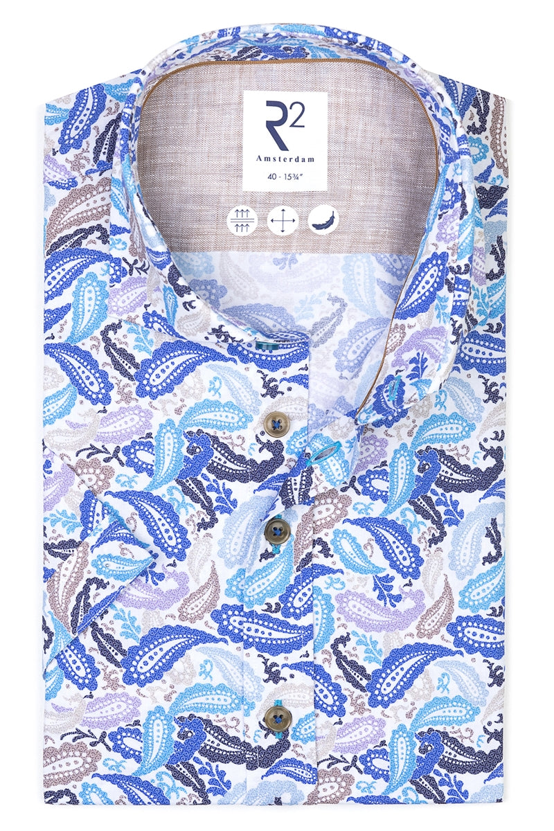 Direct From Brand,R2 Amsterdam, R2 Amsterdam Blue/Tan Paisley Print Short Sleeve Button Up Shirt, Blue, Medium-43-Tag41