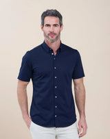 R2 Amsterdam Dark Blue Knitted Pique Short Sleeve Shirt