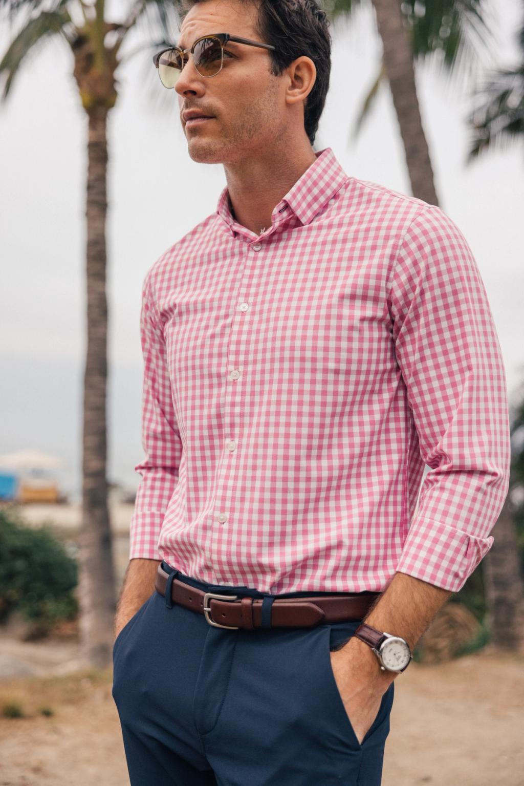 Wholesale,Mizzen + Main, Mizzen + Main Rose/White Check Four-way Stretch Trim Dress Shirt, Pink, Small-40-TagSMedium-42-TagMLarge-45-TagLExtra Large-48-TagXLExtra Extra Large-51-TagXXL