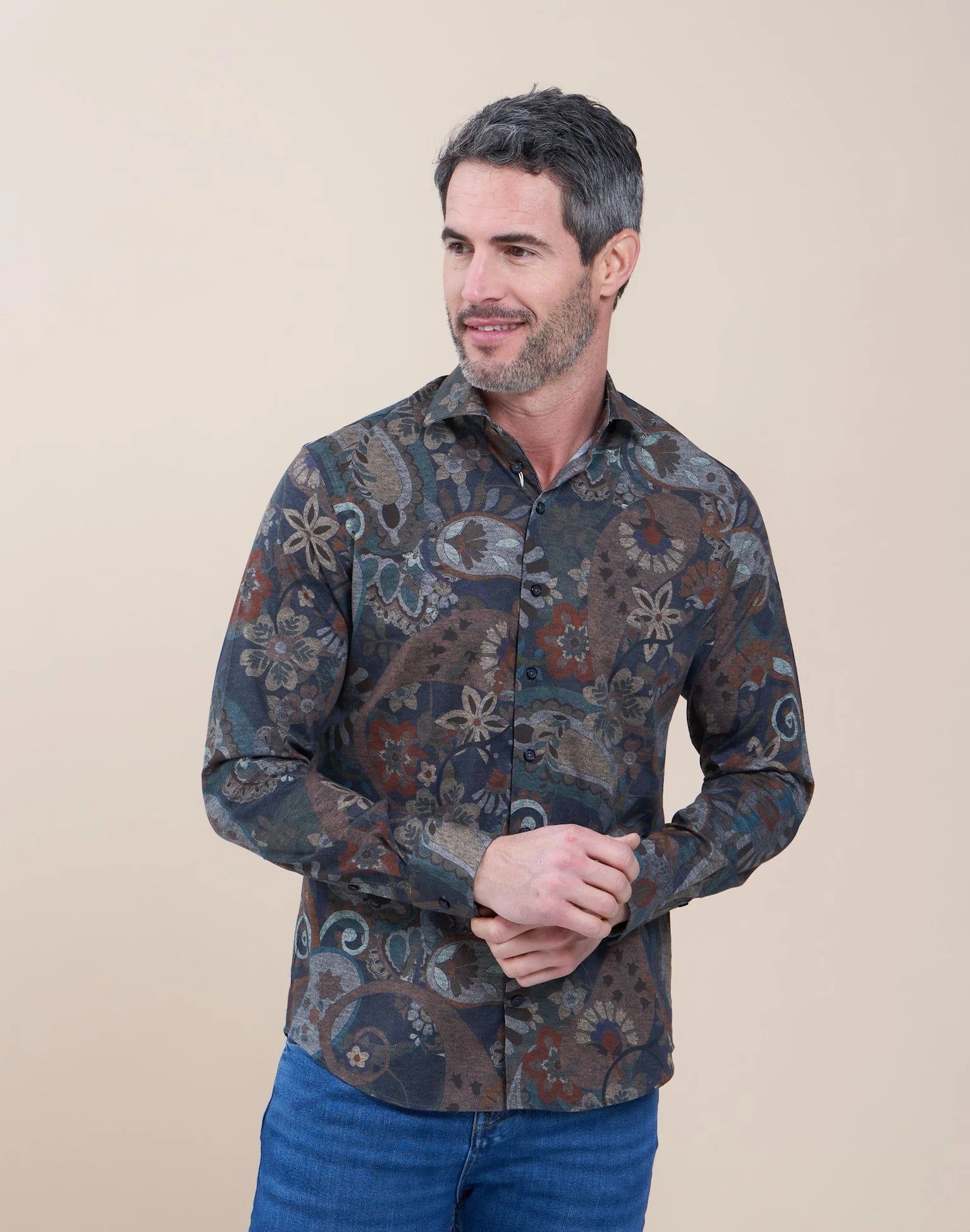 Brand Partner,R2 Amsterdam, R2 Amsterdam Green Paisley Long Sleeve Button Up Shirt, Green, Large-47-Tag43