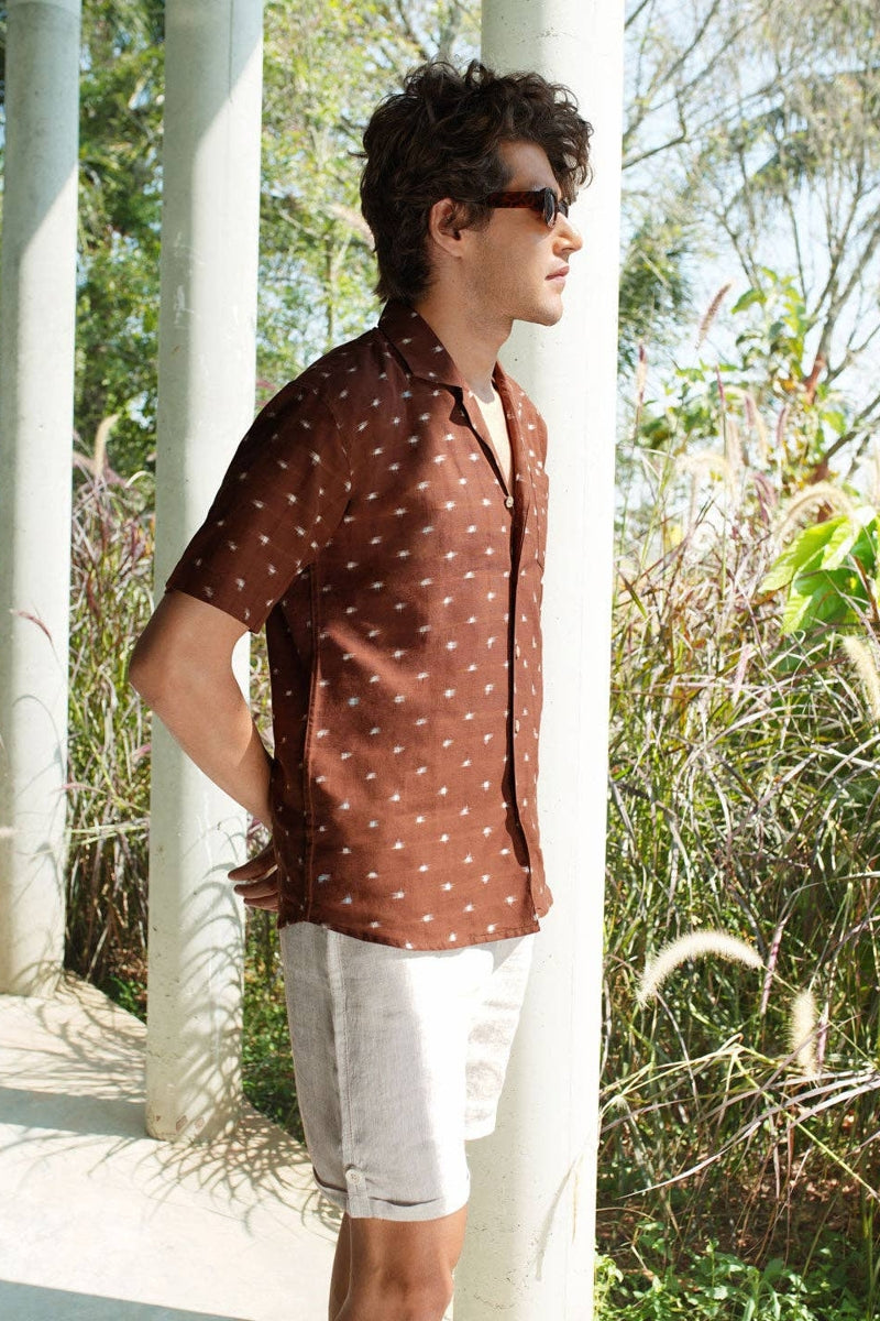 Pali Brown Wood Chips Cuban Collar Handwoven Ikat Shirt