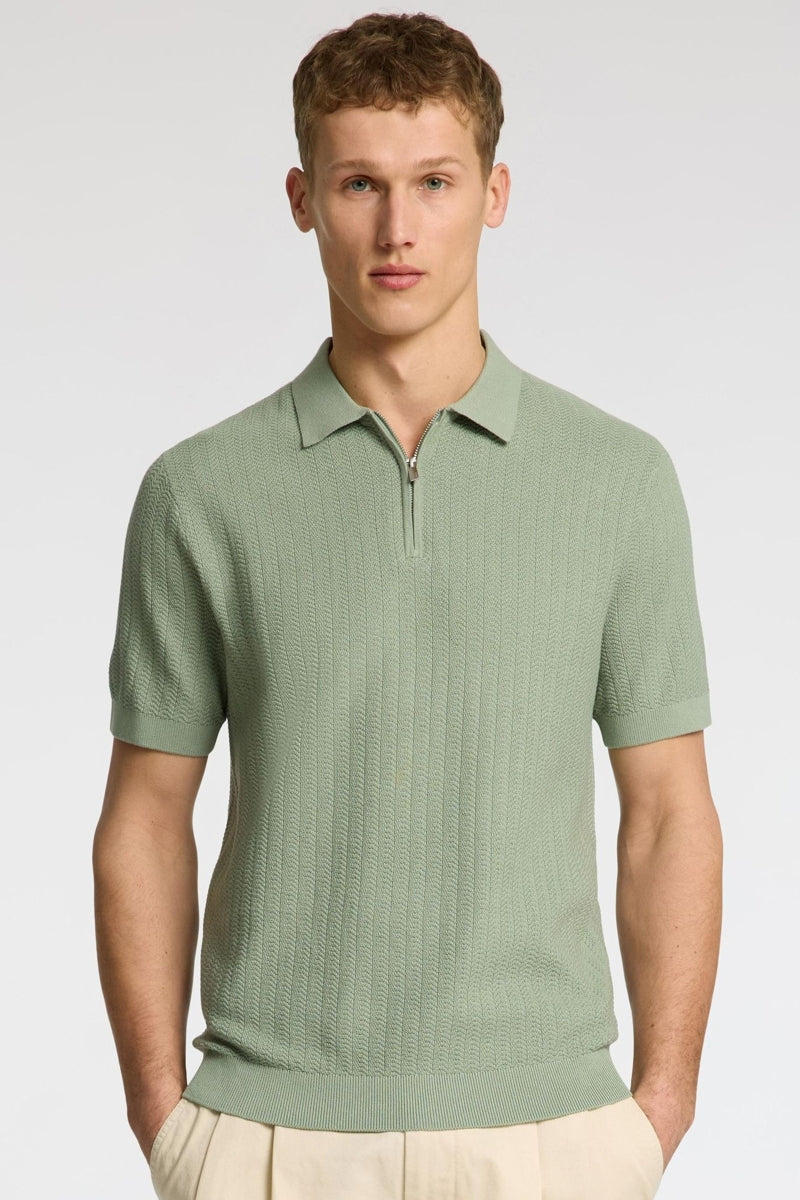 Wholesale,Selected Homme, Selected Homme Sage Green Knitted Zip Up Textured Polo, Green, Medium-42-TagMLarge-44-TagLExtra Large-46-TagXLExtra Extra Large-49-TagXXLSmall-40-TagS
