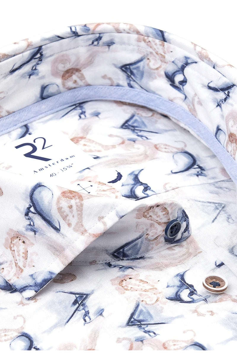 Direct From Brand,R2 Amsterdam, R2 Amsterdam White/Navy/Tan Wing Surf Print Shirt, White, Large-46-Tag42Extra Large-48-Tag43Extra Extra Large-56-Tag47Medium-42-Tag39Extra Extra Large-50-Tag44Extra Extra Large-52-Tag45