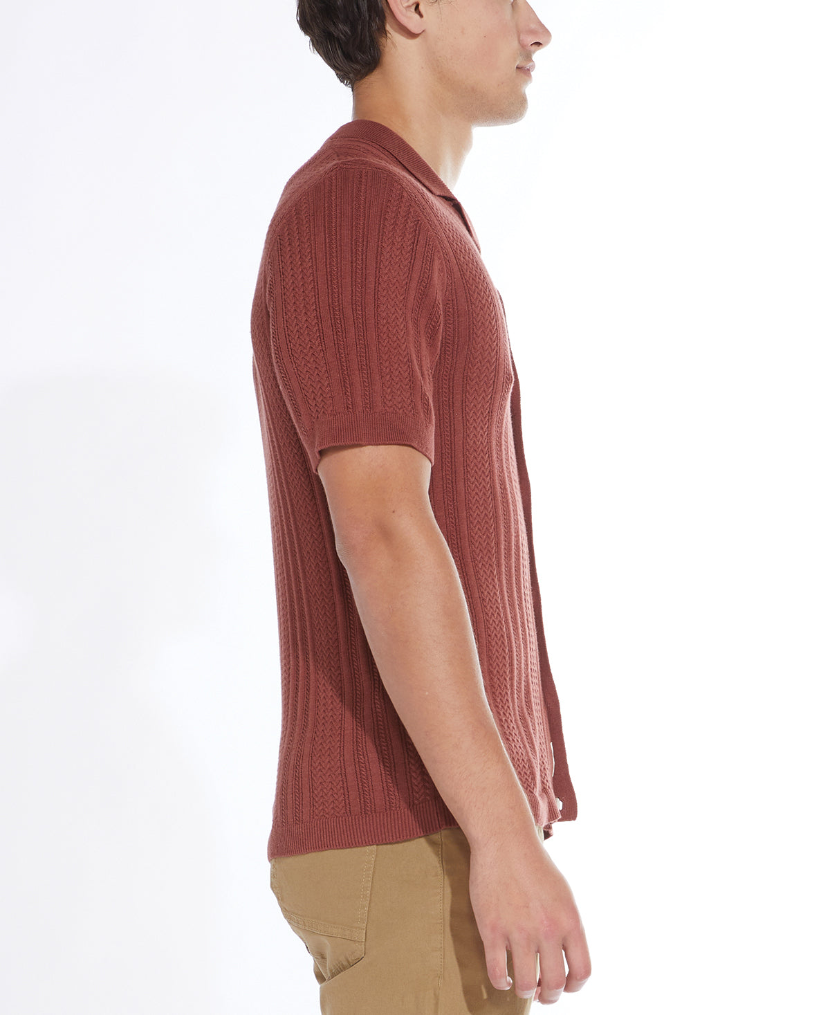 Wholesale,Civil Society, Civil Society Rust Cable Sweater Knit Short Sleeve Resort Shirt, Brown, Large-44-TagL