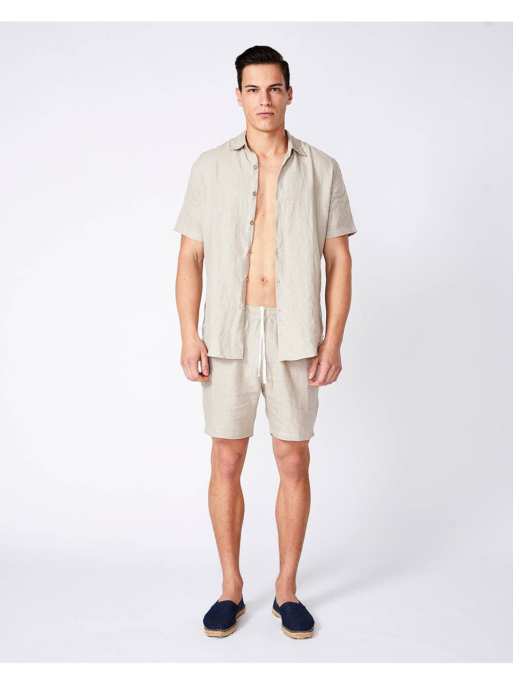 Faire,Merlino Street, Merlino Street Beige Linen Short Sleeve Button Shirt, Cream, Medium-43-TagM