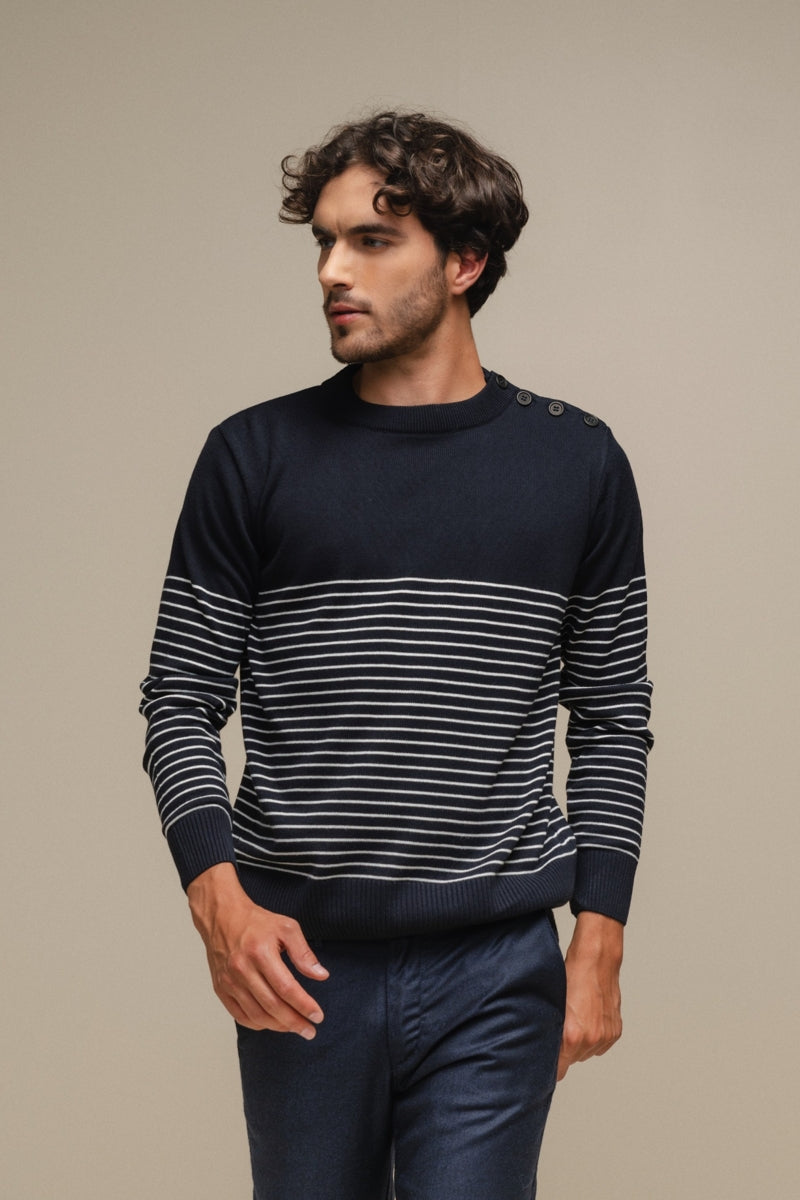 Faire,SMF, SMF Navy Striped Knit Sweater with Shoulder Button Detail, Blue, Small-40-TagM