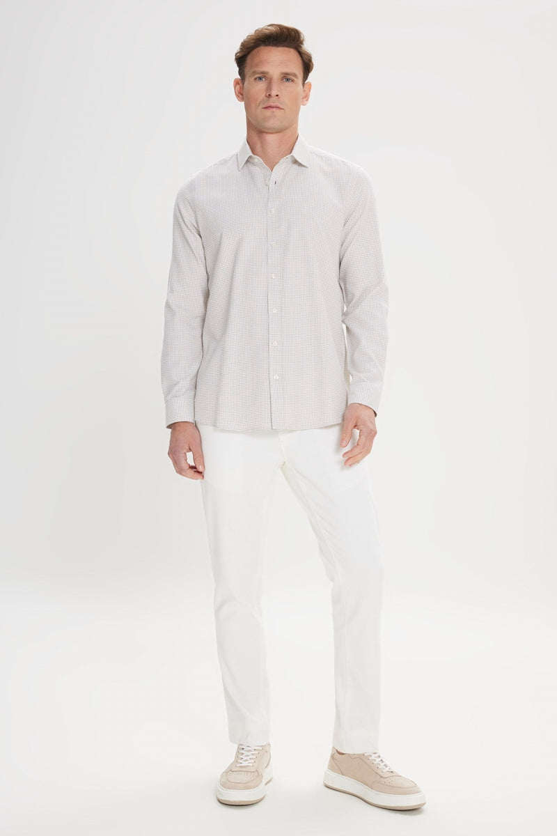 Wholesale,Altinyildiz Classics, Altinyildiz Classics Beige/White Plaid Seersucker Patterned Slim Fit Shirt, Tan, Small-38-TagSMedium-41-TagMLarge-44-TagLExtra Large-47-TagXL
